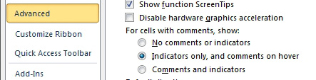 Excel Options, Advanced. For Cells With Comments, show:
The three choices are:
No Comments or Indicators
Indicators Only, and Comments on Hover (default)
Comments and Indicators
