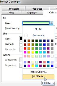 In the eight-tab version of Format Note dialog, you can go to Colors and Lines. In the Fill Color drop-down choose Fill Effects...
