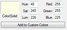 The regular yellow before you change it is: Hue=40, Sat=240, Lum=226.