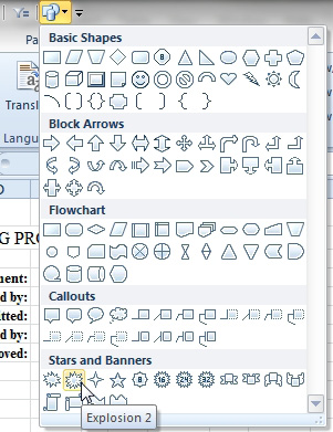 The Change Shape icon can be added to the Quick Access Toolbar. Near the bottom is a shape called Explosion 2.