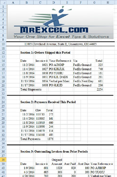 This report has three sections. The narrow columns in section 2 do not line up with the wide columns in section 1. Linked pictures show Section 2 and Section 3 on Sheet1, but the real report is back on Sheet 2 and Sheet 3. 