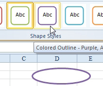 In the Shape Styles gallery, choose white with purple outline.  But the white is a solid fill and you still can not see the word behind the shape. 