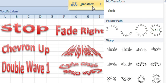 This shows six styles of WordArt and the Transform pane. Shape names include Chevron Up, Double Wave 1, Fade Right, Fade Up, and Circle. Some (particularly Circle) are barely readable. 