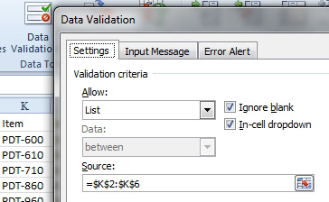 The data validation dialog box. On the Settings tab, choose to Allow a List. The source is K2:K6. 
