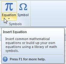 Two new icons on the far right side of the Insert tab are Equation and Symbol.