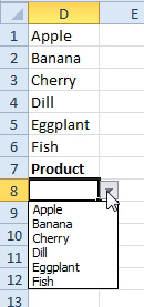 A hack for getting AutoComplete to work in Data Validation:  Cell D8 is where someone should select a product. D7 says Product.  D1:D6 contain the complete list of products: Apple Banana Cherrry Dill Eggplant Fish. If a person prefers to type instead of using the mouse, AutoComplete will kick in due to the product list in D1:D6. It is not a perfect solution, but it works in some cases.  