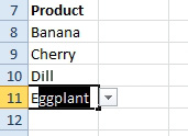 This shows the AutoComplete hack at work. Someone entered three products in D8 through D10 and then starts to type Eggplant in D11. As soon as you type E, the AutoComplete offers Eggplant. Press Tab to accept the entry.