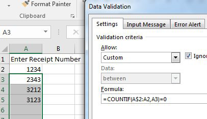 In the Data Validation dialog's Settings tab, choose Allow: Custom. In the Formula box, use =COUNTIF(A$2:A2,A3)=0