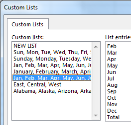 3 Custom Lists are shown. One with East, Central, West. One with a list of the 50 states. One with 12 month abbreviations, followed by the word Total.