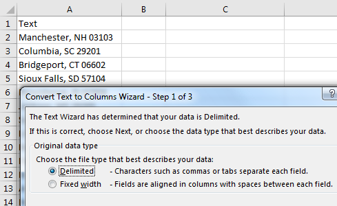 City, ST, Zip are in column A. With the data selected, choose Data, Text to Columns. In step 1 of the wizard, choose Delimited instead of Fixed Width.