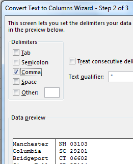 Step 2 of the wizard offers delimiters of Tab, Semicolon, Comma, Space and Other. When Comma is chosen, the data preview at the bottom shows City in A, and State Zip in B.