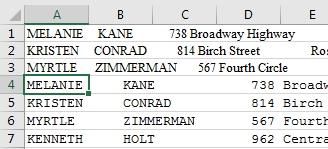 7 rows of data is shown. Each row has First Name, Last Name, Address, City all in column A. In the first three rows, a modern font makes the data look like it is not lined up. But in rows 4-7, a monospace font such as Courier New is applied and the data is lined up. Thus, Fixed Width will work in Text to Columns.