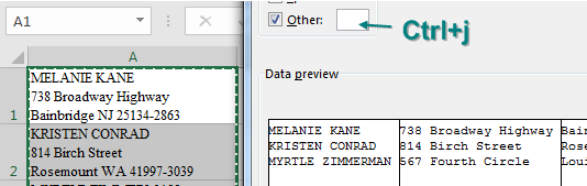 In column A, you see Name, Street, City in one cell, separated by Alt+Enter. By typing Ctrl+J in the Other: box in step 2 of the wizard, Excel splits those lines into new columns.