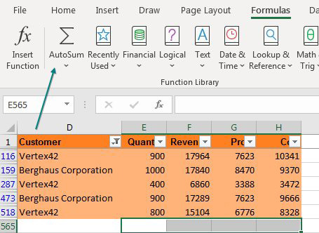 A filtered data set is shown. The first blank row below the data is row 565. Select cells E565:H565 and click AutoSum.