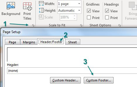 Click the dialog launcher below the Print TItles icon. In the Page Setup dialog, click the tab for Header/Footer. Click Custom Footer.