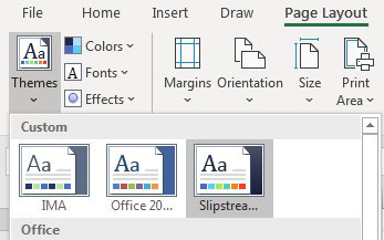 The first icons on the Page Layout tab of the Ribbon offer dropdowns for Themes, Colors, Fonts, and Effects. The theme used in this book is Slipstream