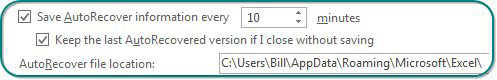 This figure shows File, Options, Save where you can change the location for AutoRecover files.