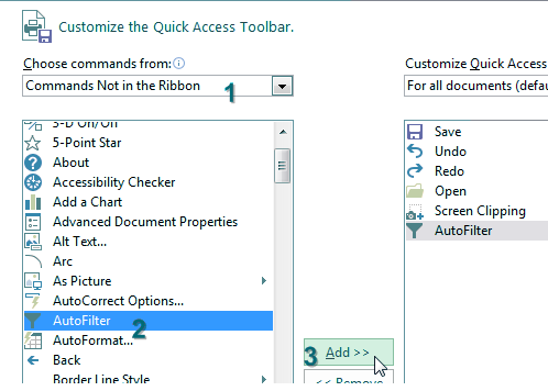Using the Commands Not In The Ribbon category, find AutoFilter and click Add>> to add it to the Quick Access Toolbar.