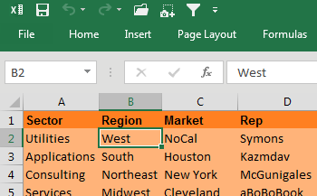 This shows an unfiltered data set. The cell pointer is on the word West in the Region column. The mouse cursor is about to click the AutoFilter icon in the Quick Access Toolbar.