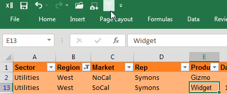 The Filters have been activated. The Region column is only showing West. Next, in the Product column, a cell containing Widget is selected and the mouse is about to click AutoFilter again.