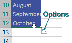 Release the mouse button and it fills the month names February, March, and so on. A tiny Options drop-down appears on the grid to the right of the last filled cell.