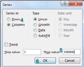 The Series dialog says Series in Columns, Type Linear, Step Value 1, Stop Value 100000. Click OK.
