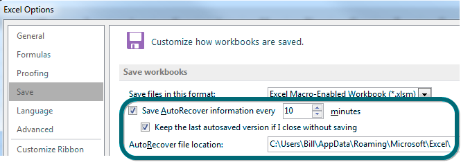 Choose Excel Options and then the Save category. One setting is Save AutoRecover Information every 10 minutes (and you can change the number of minutes using a spin button). The next option is Keep The Last AutoSaved Version If I Close Without Saving. The next setting reveals the folder where the AutoRecover files are stored (and you can edit this path).