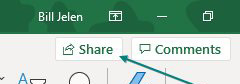 The top right of the Excel window offers icons for Share and Comments. Click Share.