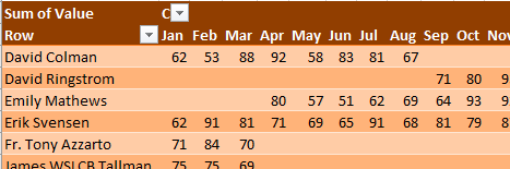 The pivot table has names down the side and months across the top. It is very similar to the Consolidation report, but is refreshable.