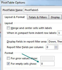 In the PivotTable Options dialog, choose the Layout & Format tab. There is a setting called For Empty Cells, Show:. Type a zero in that box.