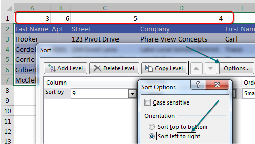 Insert a temporary row 1 above the headings. Type the numbers 1 through 9 in the correct sequence. For example, First Name should be 1. Middle Initial is 2. Last Name is 3. Company is 4. Street is 5. Select all the data and open the Sort dialog. Click the Options button in the top right and there are three choices in Sort Options:  Case Sensitive. Sort Top to Bottom. Sort Left to Right. Choose Sort Left to Right and sort by Row 1.