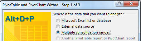 Press Alt+D P to open the legacy PivotTable and PivotChart Wizard. In Step 1 of 3, choose Multiple Consolidation Ranges.
