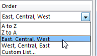 Back in the Sort dialog, the Order drop-down now offers two new choices. You have the original A to Z, Z to A, then East, Central, West or the backwards West, Central, East, and then the option to choose a different Custom List.