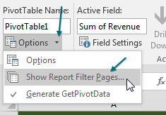 But here is another way to use the Filter field. Change the drop-down in B1 back to (All). Then, look on the left side of the Analyze tab. There is an Options button. To the right of the Options button is a drop-down arrow. Open that and choose Show Report Filter Pages. The other two items in this menu are Options and Generate GetPivotData.