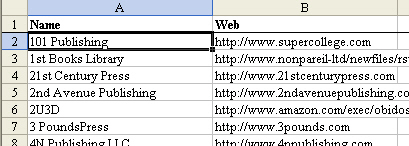 Publishers list on the spreadsheet.